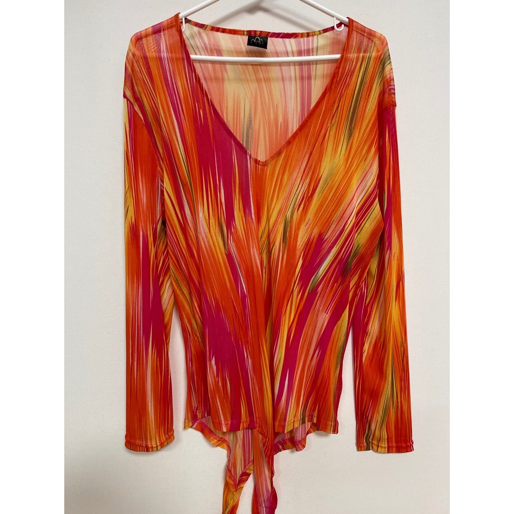 Windsor Mesh Bodysuit 2X Orange Pink Abstract Long Sleeve V-Neck Sheer Top